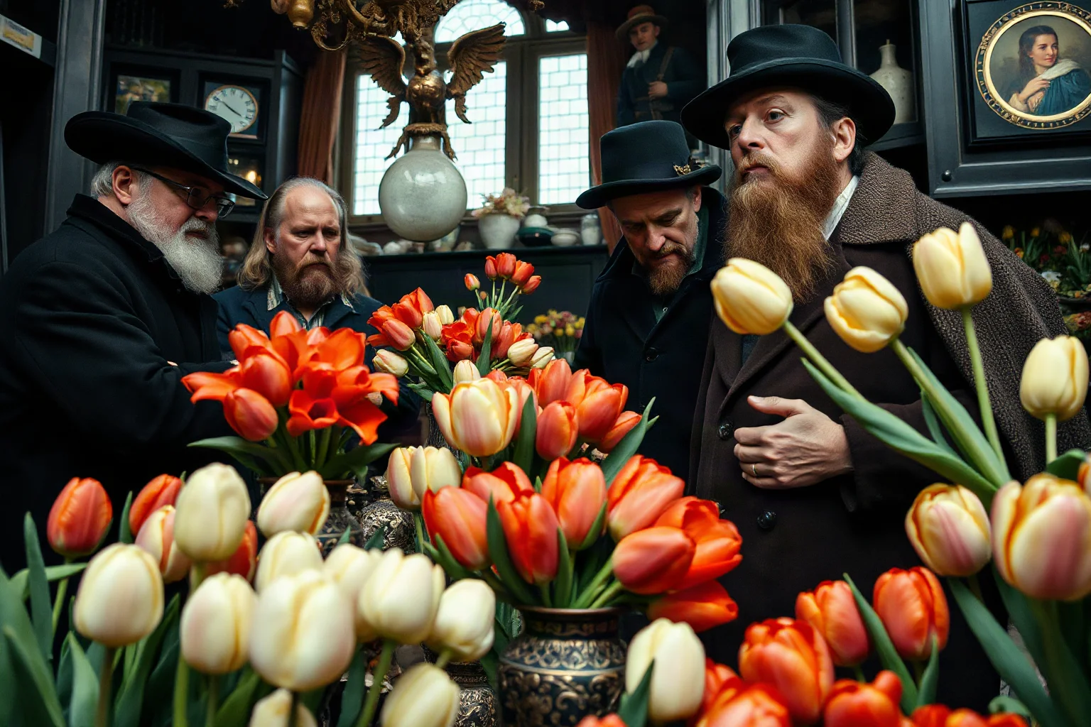 Dutch Golden Age flower market with tulip bulbs displayed in ornate vases, merchants and wealthy traders examining rare bulips with intense expressions