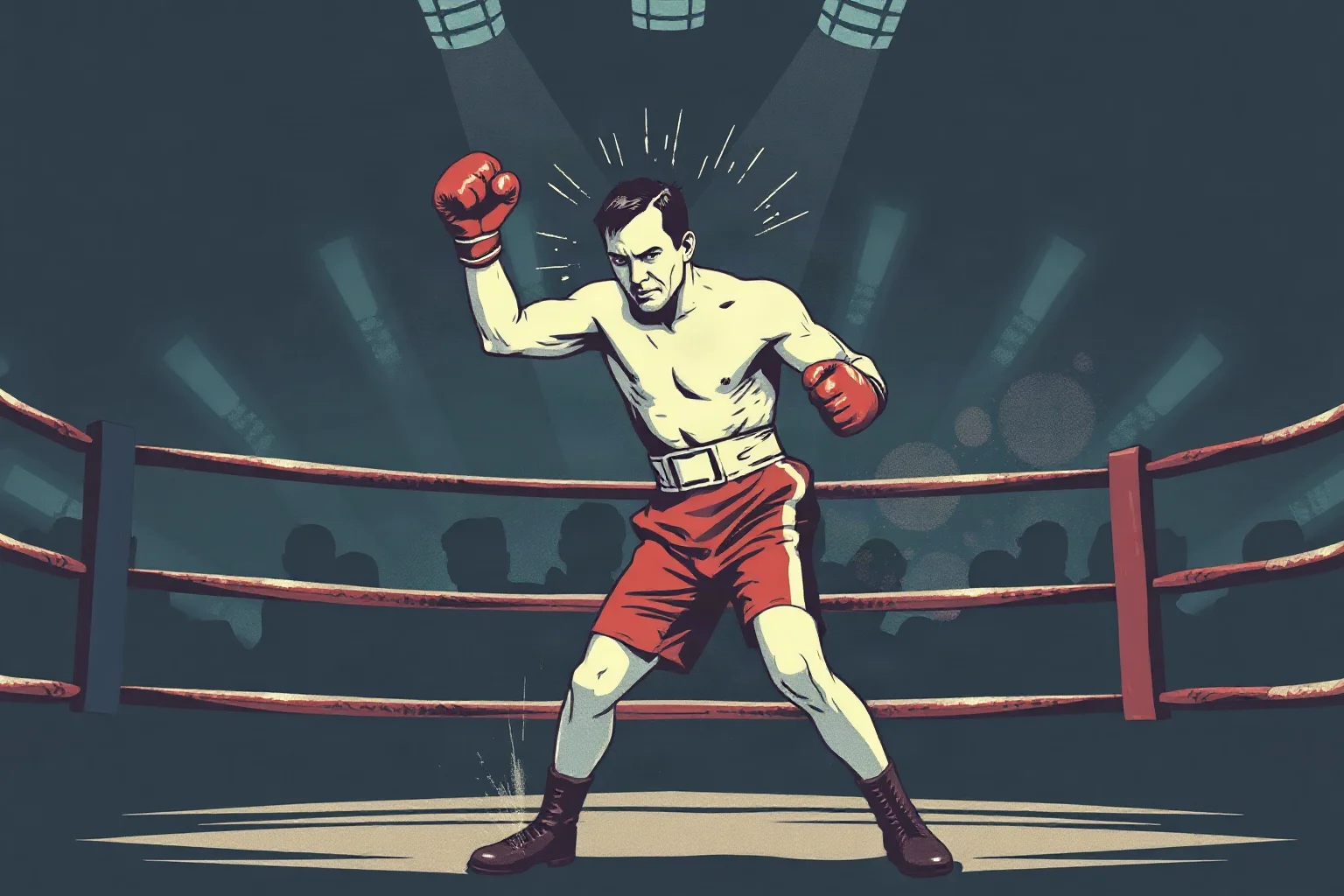 Dynamic illustration of a boxer in a fighting stance inside a boxing ring, mid-century style