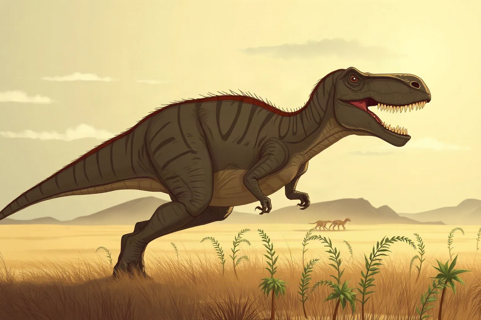 Dynamic illustration of a Tyrannosaurus rex moving at a brisk pace across an open Cretaceous plain