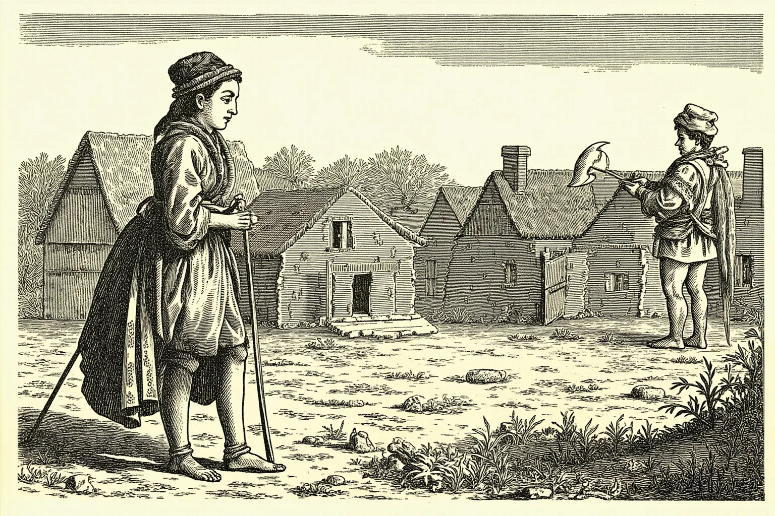 Star-Crossed Lovers: The 22 Greatest Historical Romances Ever 10 Early 1600s illustration of a Native American woman and English colonist standing near a wooden settlement