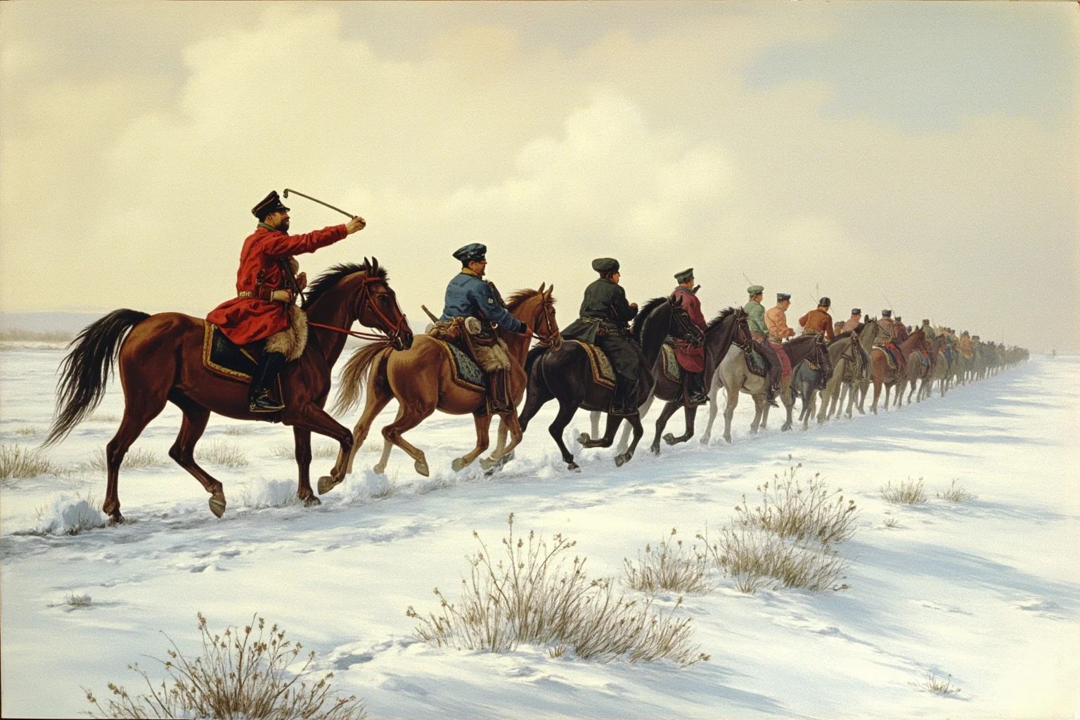 The Mad Baron Who Conquered Mongolia: The Bloody Life of Roman von Ungern-Sternberg 5 Early 1900s cavalry soldiers on horseback crossing a snowy Siberian landscape, painterly historical illustration