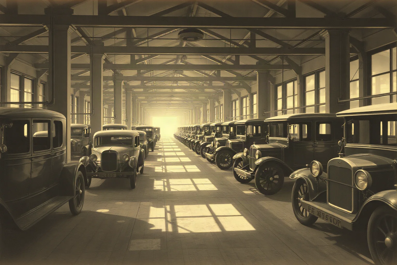 Early 1900s factory floor with a moving assembly line producing early automobiles, illustrated style