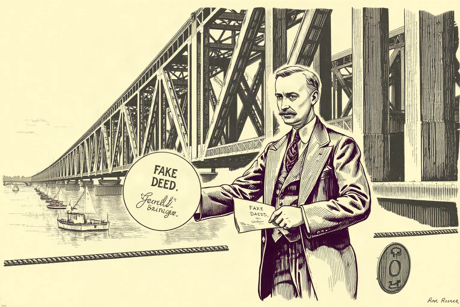 Early 1900s illustration of a sharply dressed man handing over a fake deed near a large iron bridge