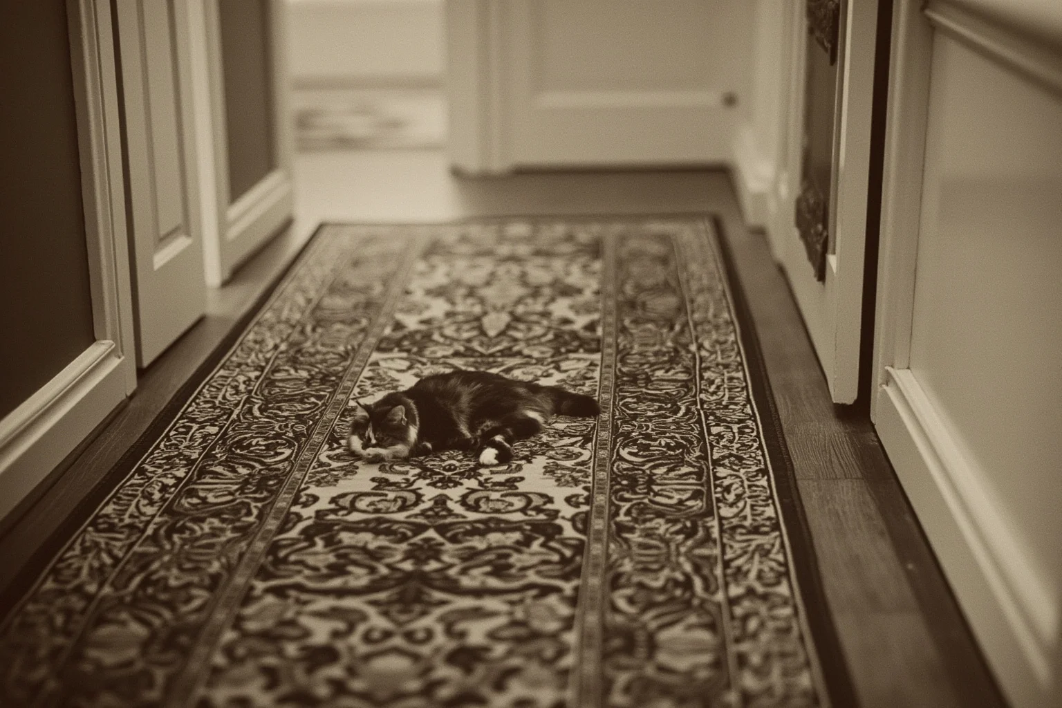 Early 1900s White House hallway with ornate rugs and a fluffy cat napping in the middle of the floor