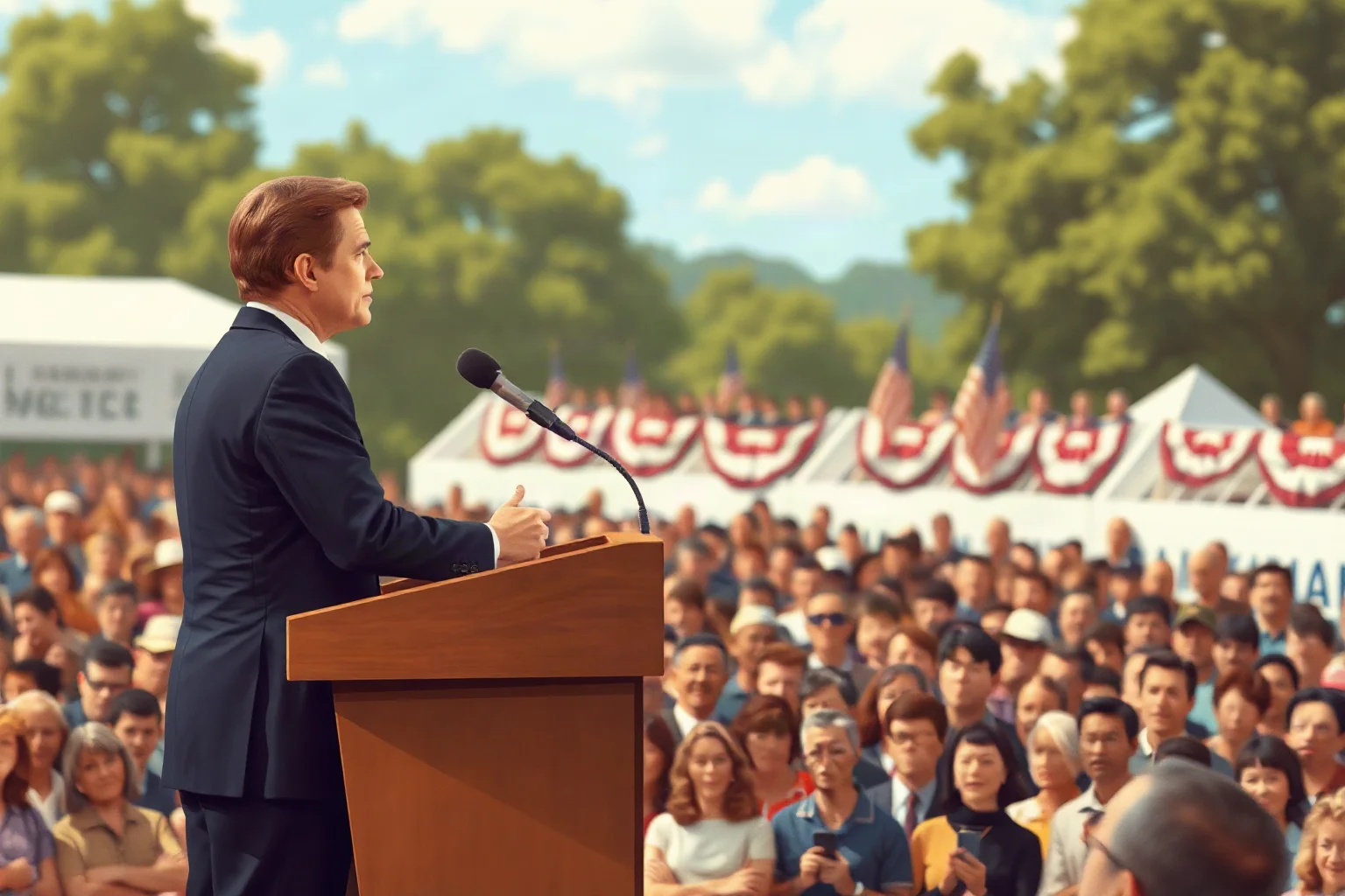 Early 1960s American president at a podium in front of a large crowd outdoors, illustrated style