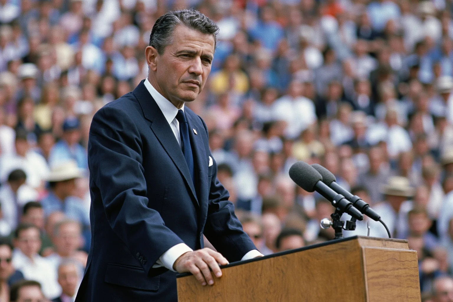 Early 1960s American president standing at a podium outdoors with a crowd in the background