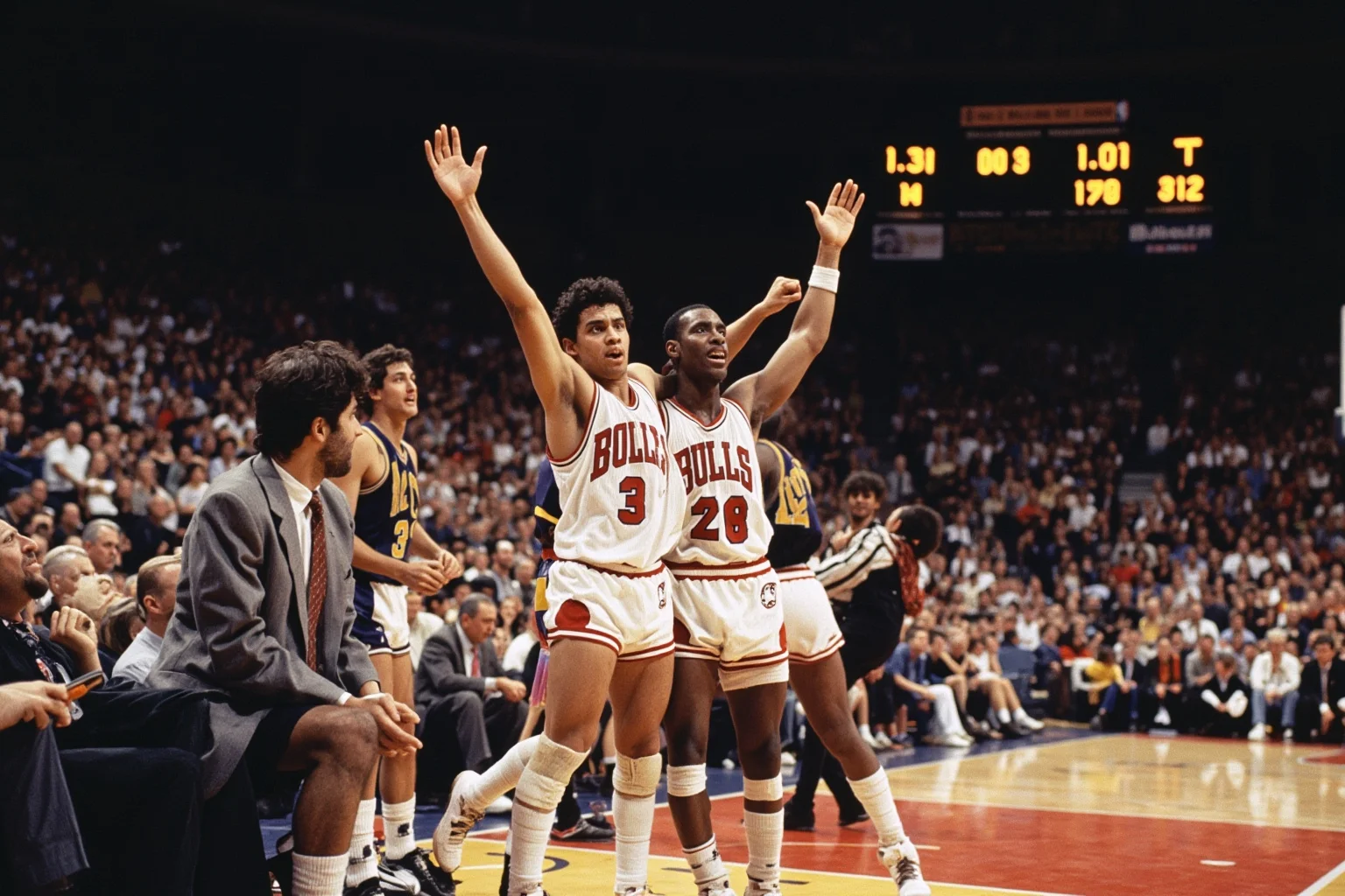 Biggest Blowouts in Sports History 9 Early 1990s NBA arena, players from one team celebrating on the bench with a massive lead on the scoreboard