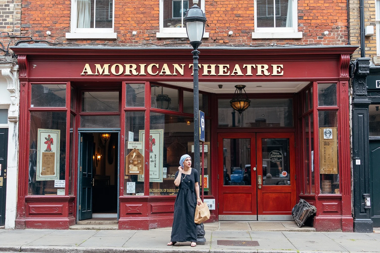 Early 19th century American theatre exterior with brick facade and simple signage, period appropriate street scene