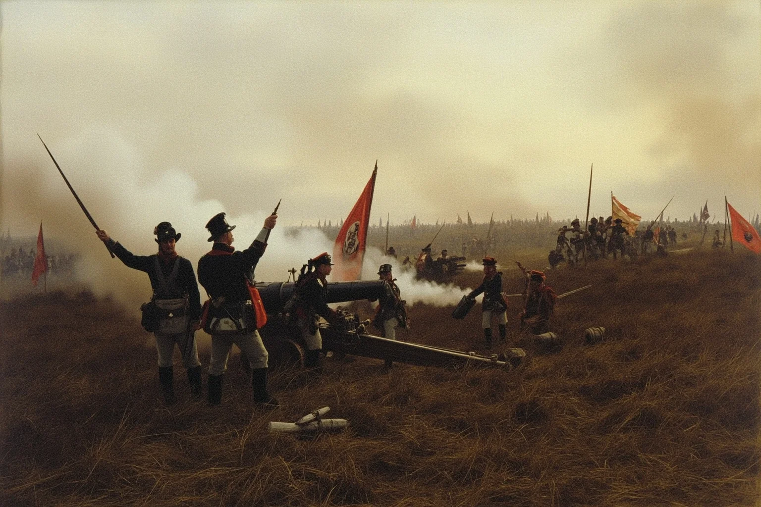 26 of History's Most Famous Rivalries 6 Early 19th century battlefield scene evoking Waterloo with cannons and smoke, non-specific soldiers