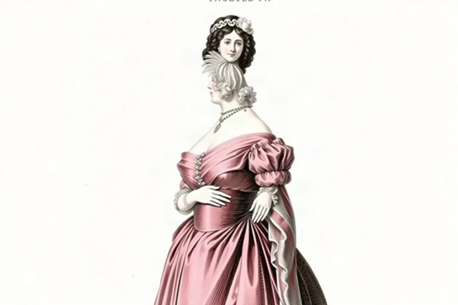Early 19th-century French empire-style portrait illustration of a stylish empress in a high-waisted silk gown