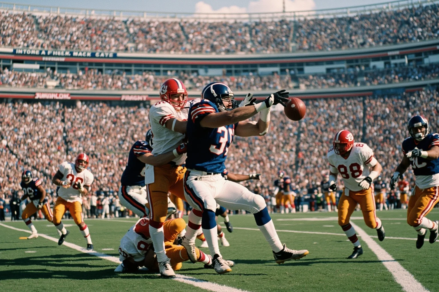 Biggest Blowouts in Sports History 5 Early 2000s Super Bowl football scene, a team's defense intercepting a pass with a lopsided scoreboard in the background