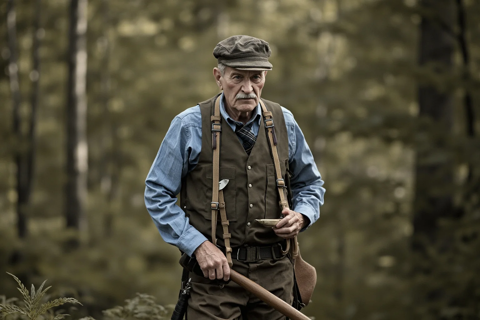 Early 20th-century American president in outdoor explorer gear standing in a forest, conservation theme