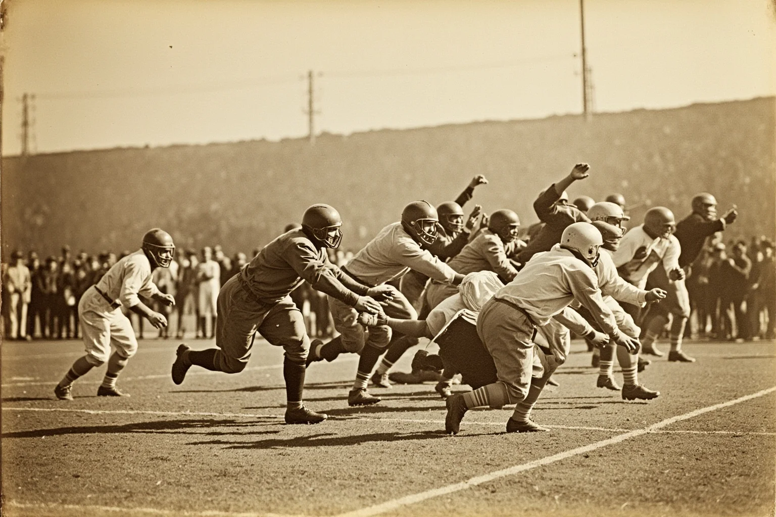 Biggest Blowouts in Sports History 7 Early 20th century college football field with players in old leather helmets, one team scoring repeatedly, vintage sepia tone
