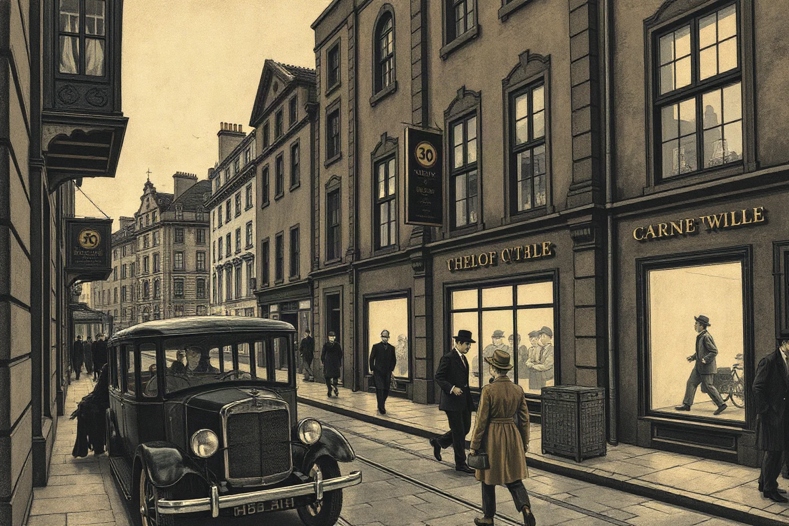 Early 20th century Dublin street scene illustration evoking dense modernist prose and everyday city life