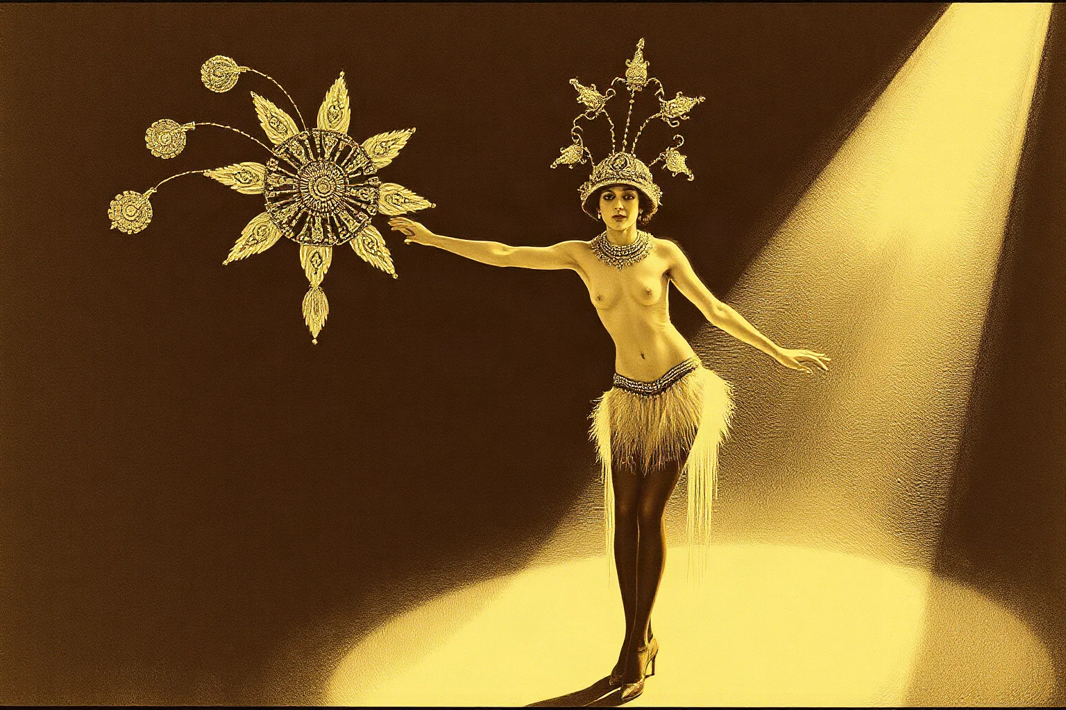 Early 20th-century illustration of a mysterious exotic dancer in an elaborate beaded costume performing on a dimly lit stage