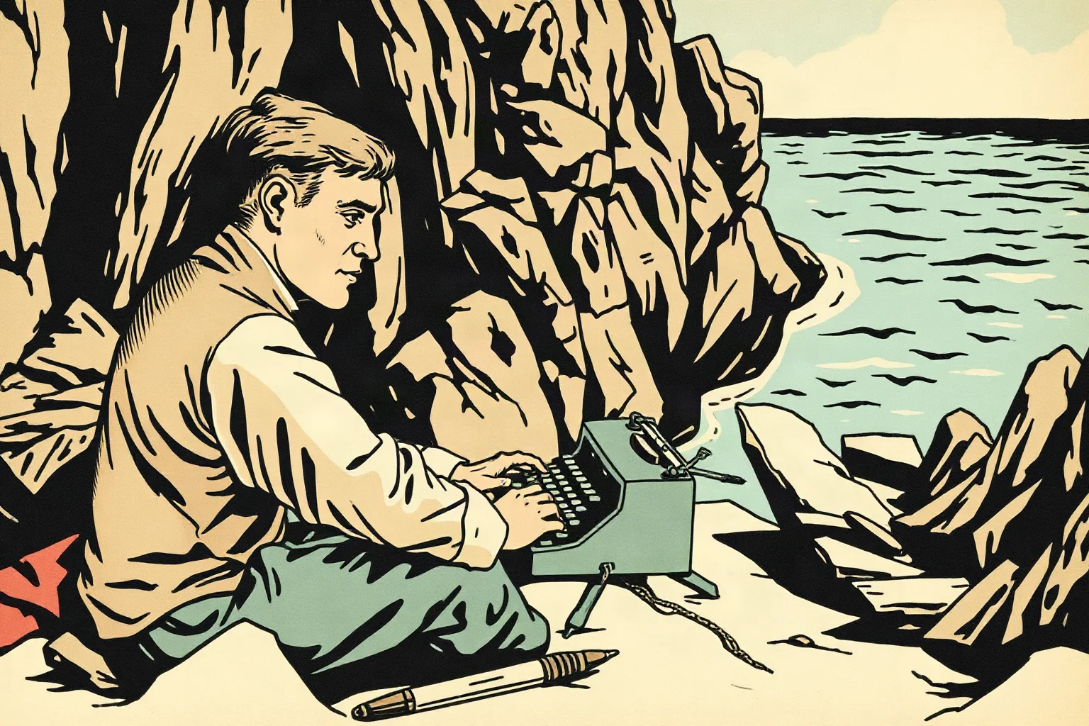 Early 20th century illustration of a rugged writer at a typewriter near the sea, evoking spare adventurous prose