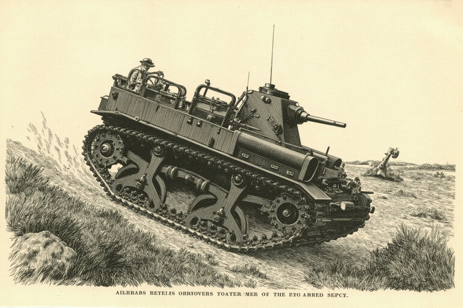 Early 20th-century illustration of an armored tracked vehicle crossing a battlefield landscape