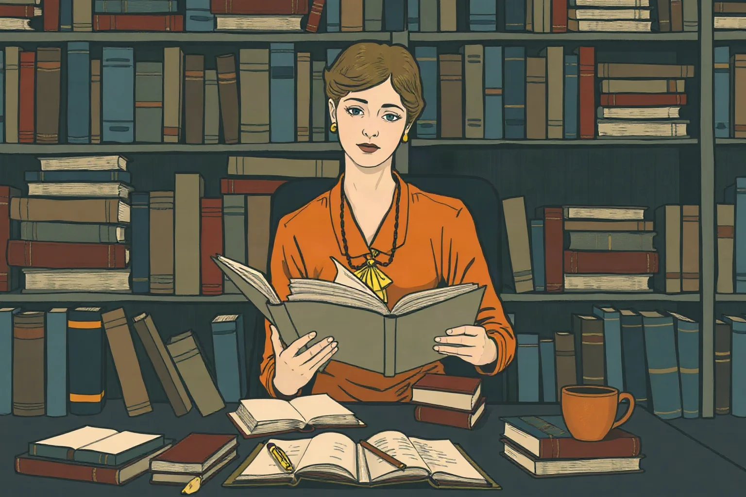 Early 20th century London illustration of a woman writer at a desk surrounded by books, evoking modernist literature