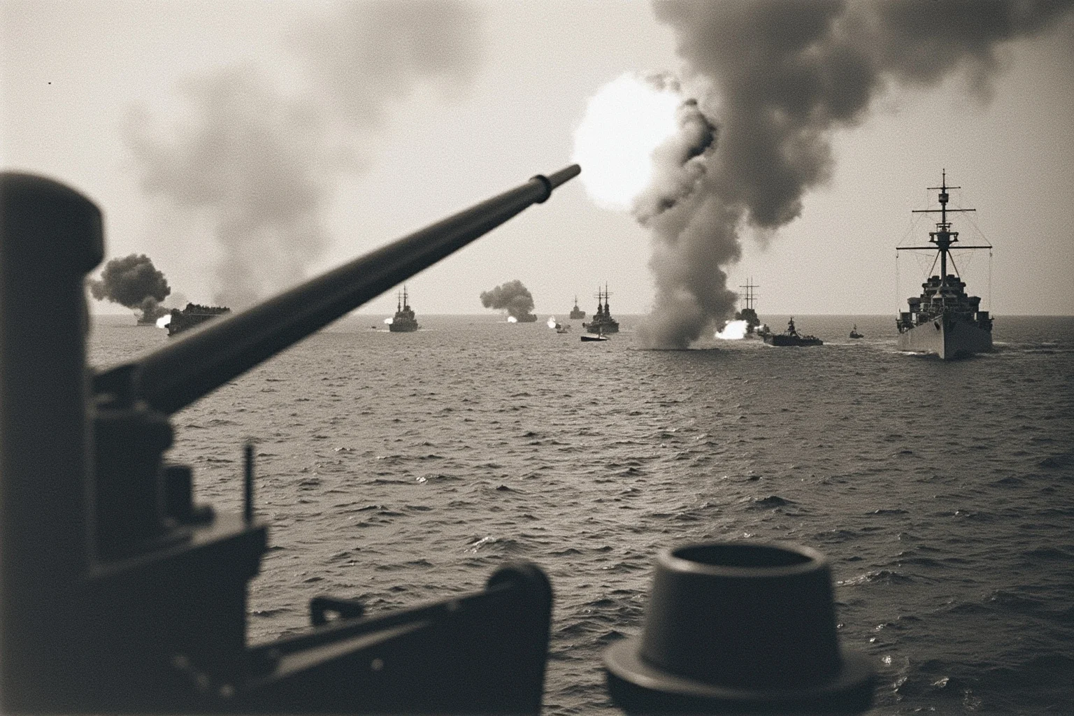 Early 20th-century naval battle scene with armored battleships firing at close range under smoke-filled skies
