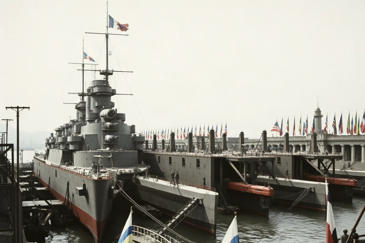 Early 20th century naval shipyard with massive battleships under construction, competing nations' flags visible in background