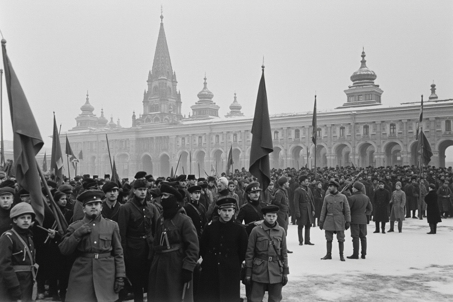 Early 20th century Russian soldiers and revolutionaries gathered in a snowy city square with flags