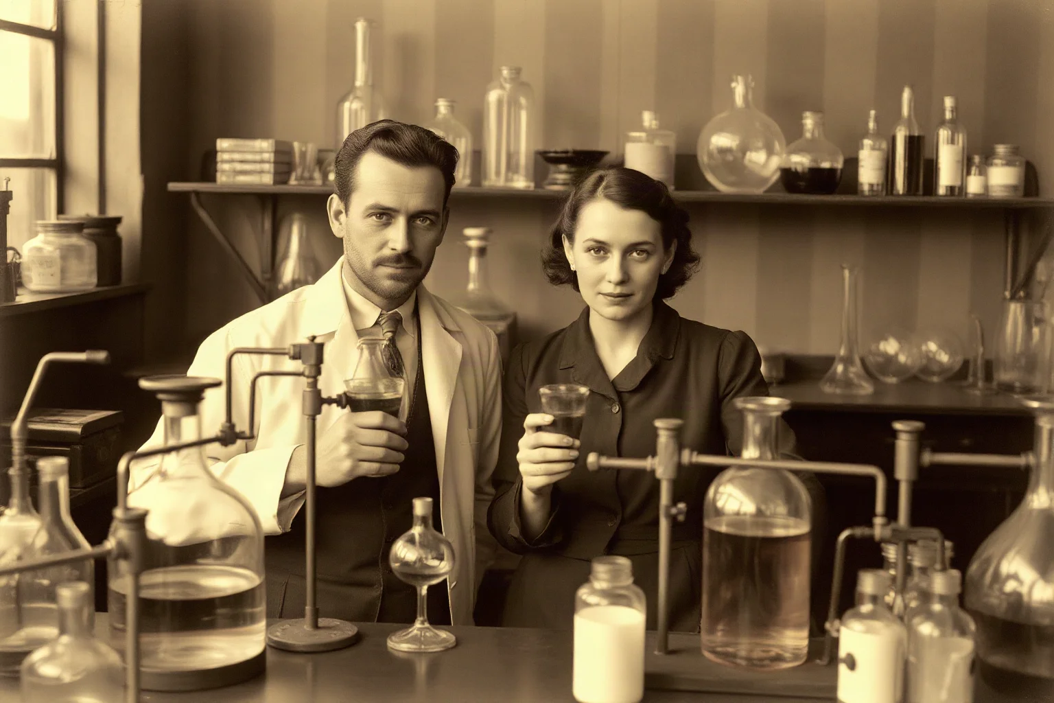 Early 20th-century scientist couple in a vintage laboratory surrounded by glass equipment