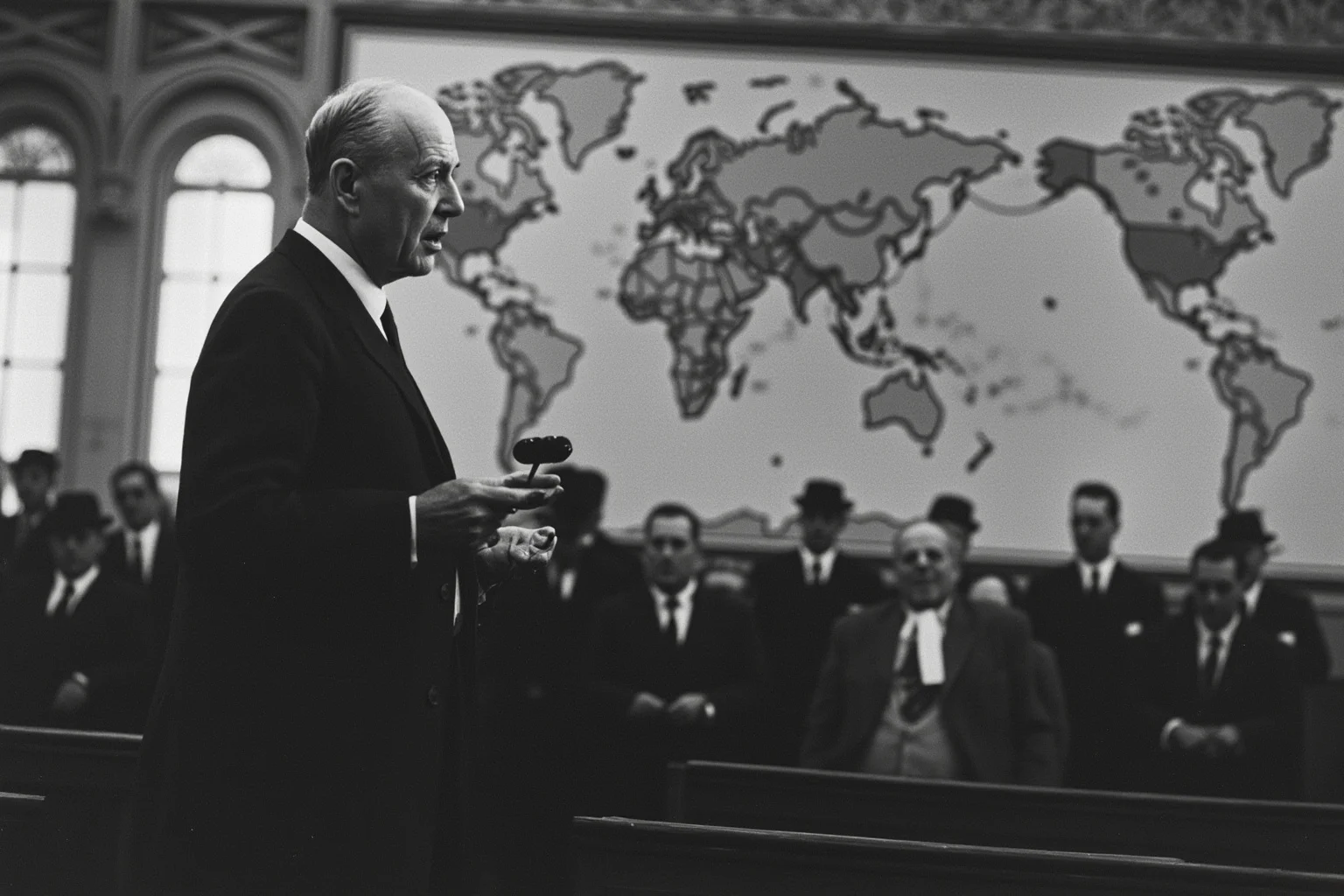 Early 20th-century statesman addressing a large assembly hall, world map on the wall behind him
