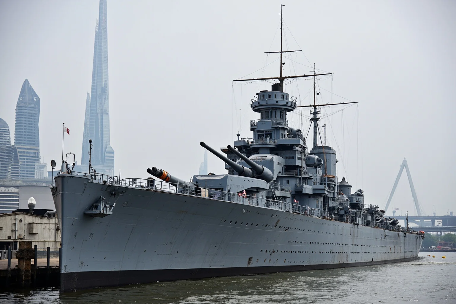 The Longest-Serving Warships of All Time 12 Early 20th-century steel dreadnought battleship with large twin gun turrets, docked as a floating museum near a modern city