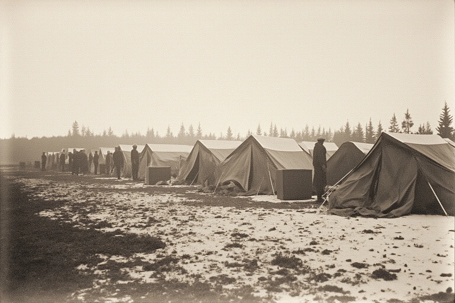 20 Deadliest Plagues That Shaped Human History 13 Early 20th-century wartime field camp with soldiers and tents in muted winter tones, historical illustration