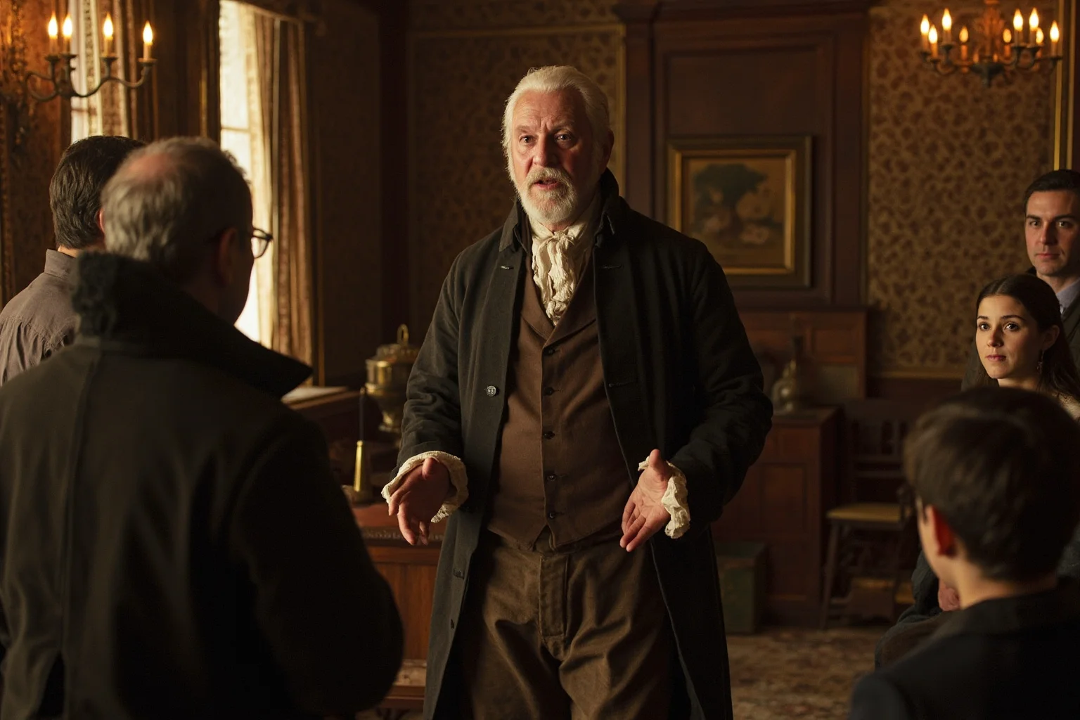 Early American statesman in period dress addressing a small group in a formal 18th-century room