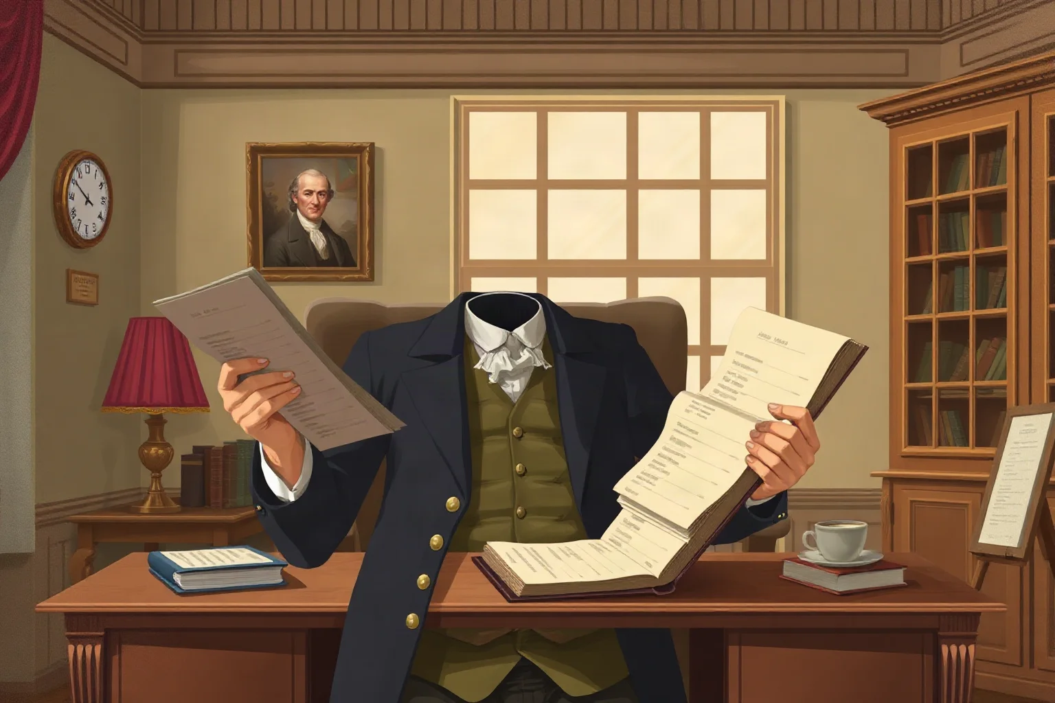 Early American statesman in period dress presenting financial ledgers in a colonial government office, illustrated style