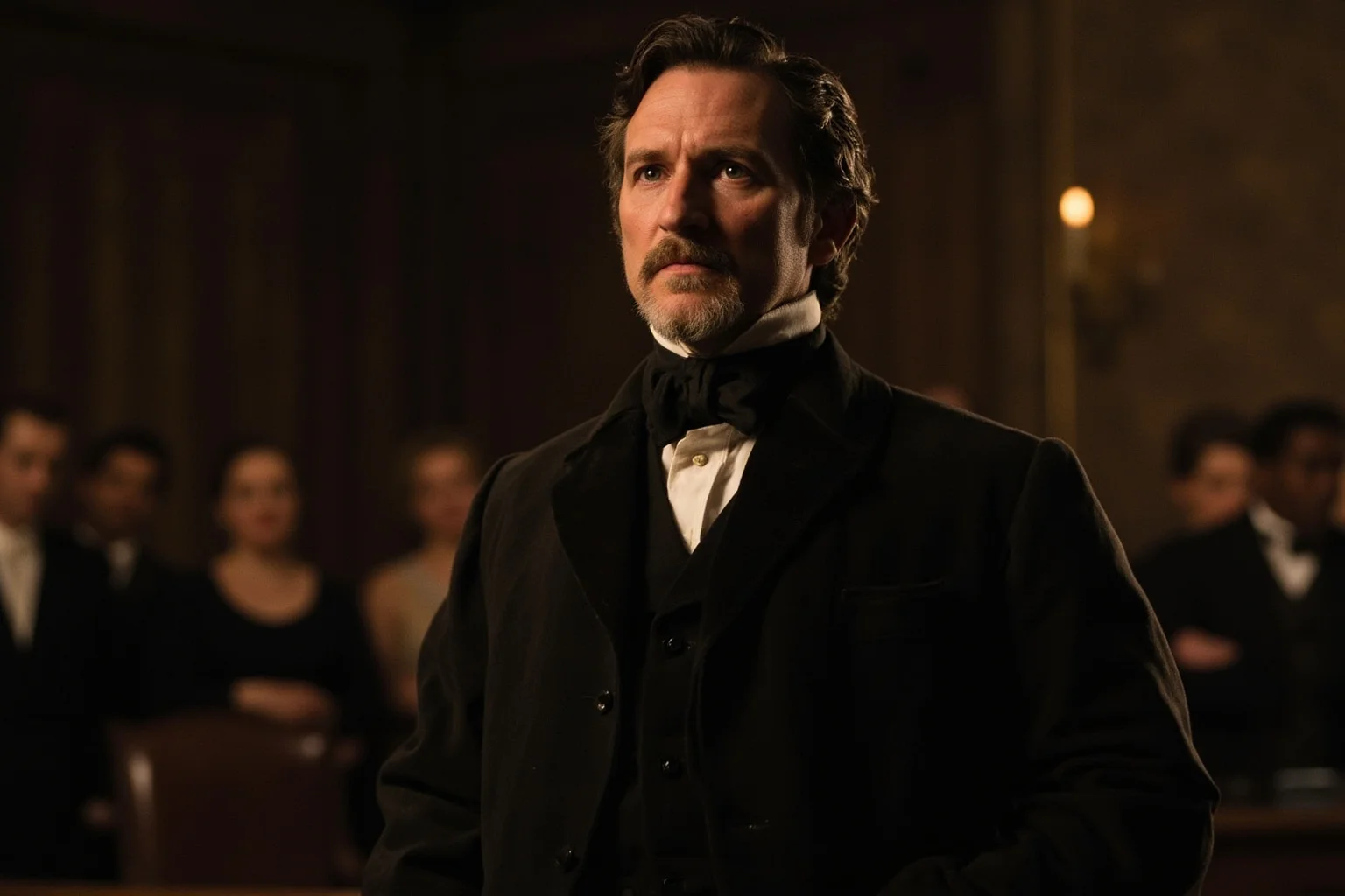 The Most Shameless Traitors of All Time 7 Early American Vice President in formal 19th century dress at a trial, judge and courtroom gallery watching intently