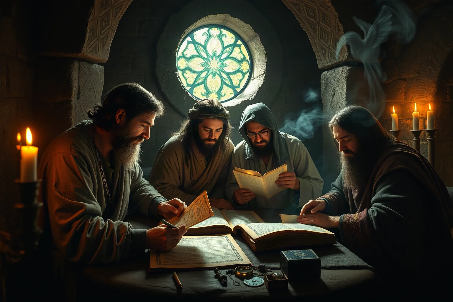 Early Christian-era Gnostic scholars studying ancient scrolls in a candlelit chamber