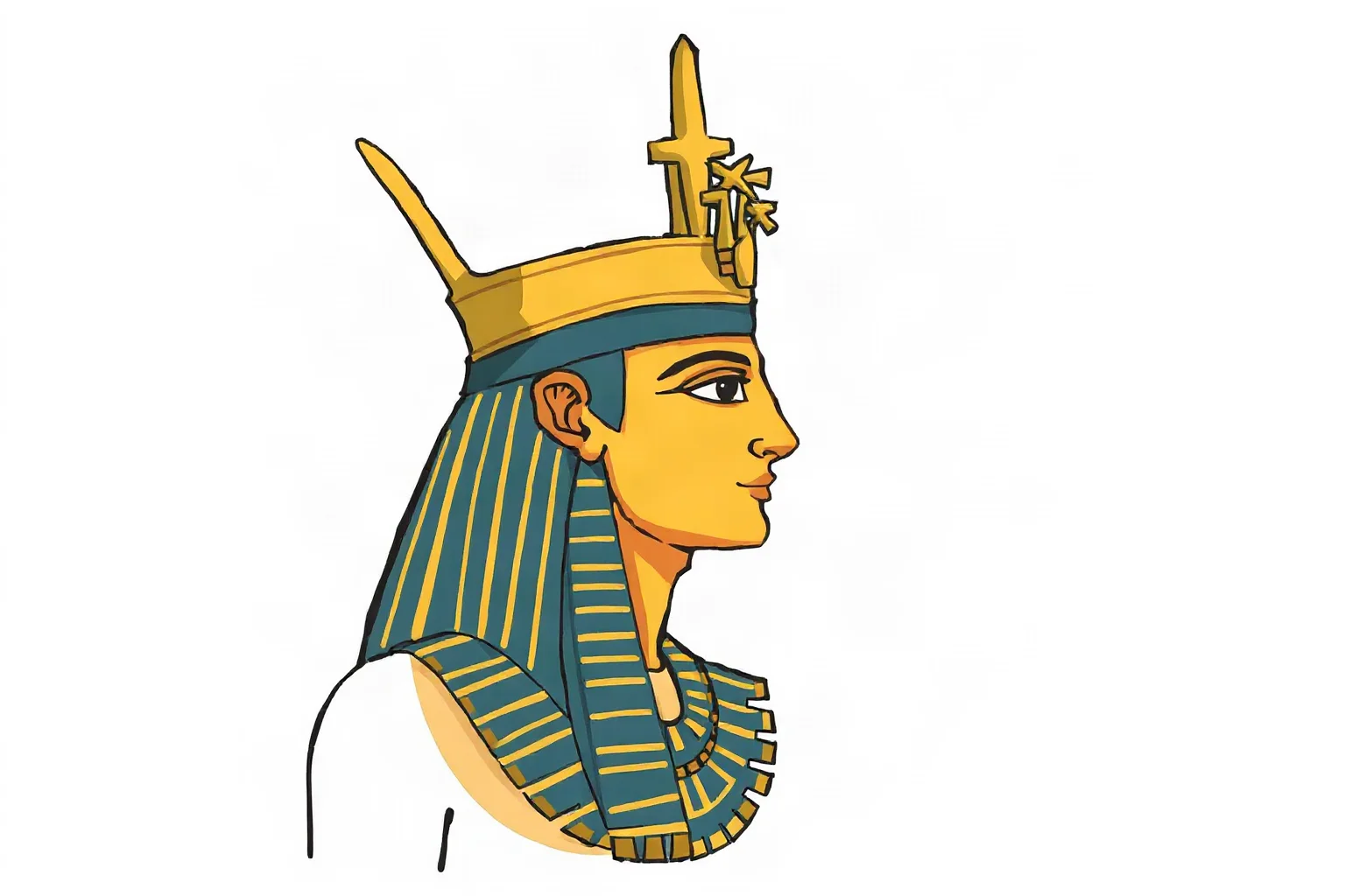 Early Egyptian ruler depicted in stylized ancient art wearing the combined double crown of Upper and Lower Egypt