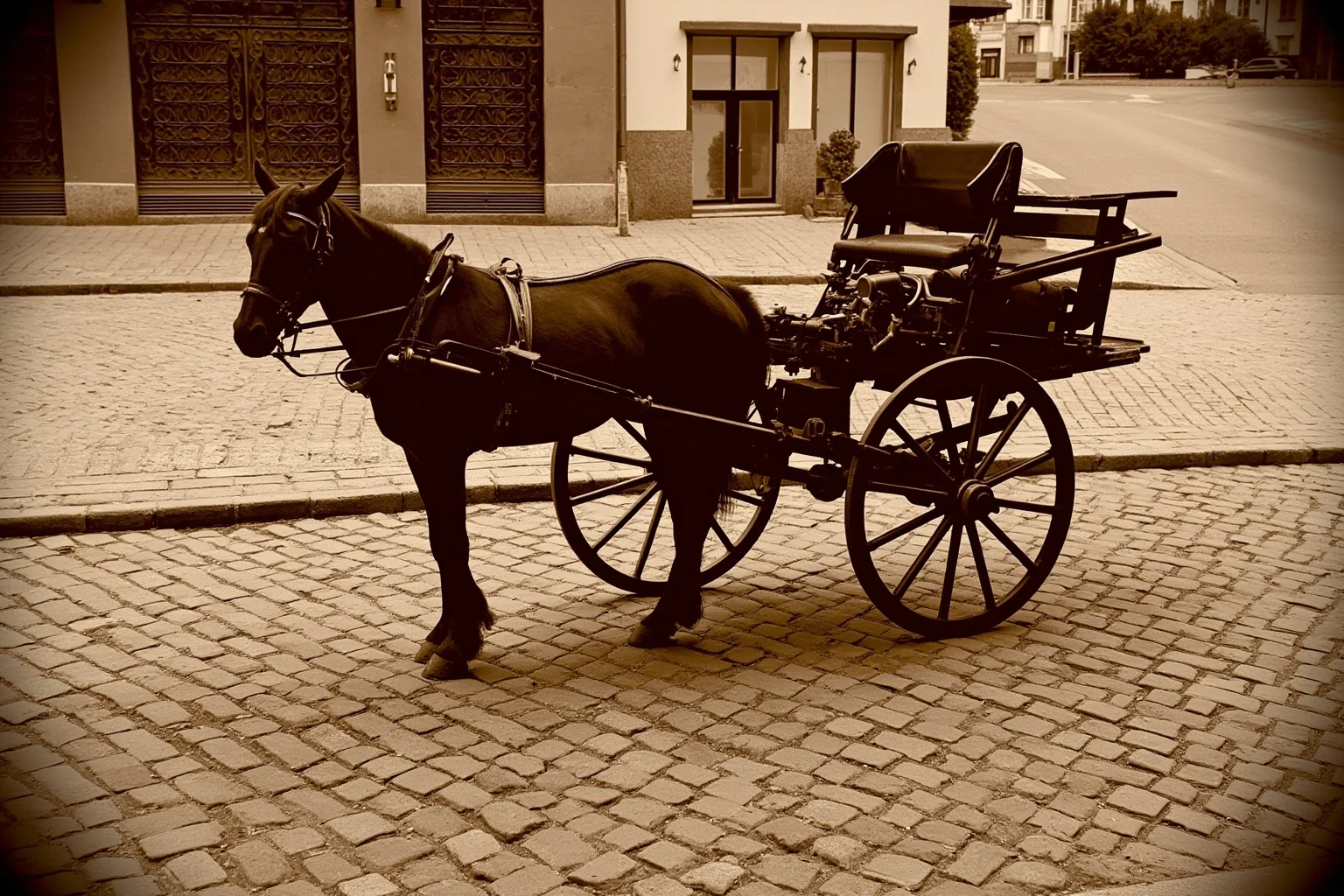 Inventors Who Stole Genius Ideas And Got All Glory 14 Early horseless carriage with a visible engine, cobblestone street background, sepia tone