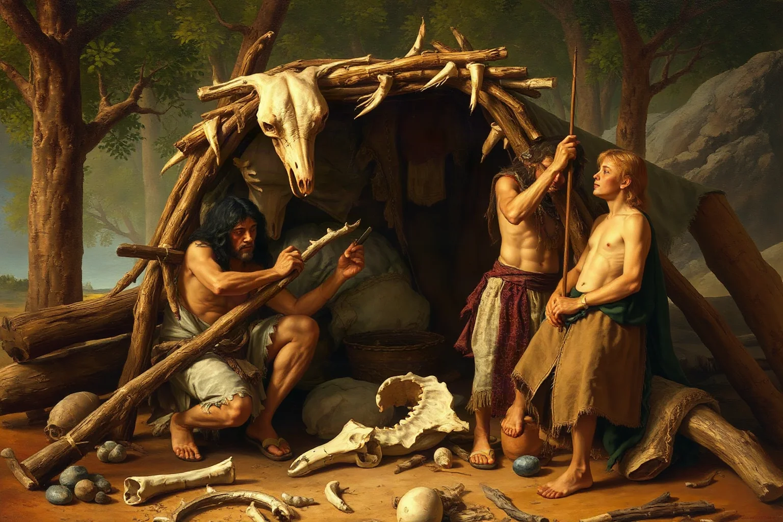Early humans wearing sewn animal-hide clothing constructing a shelter from bones and hides