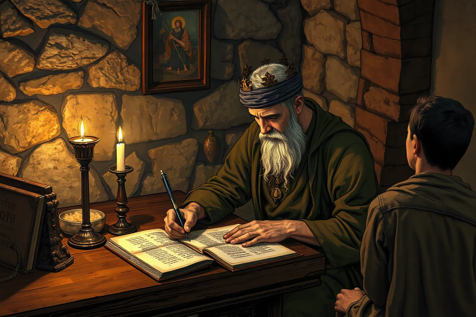 Early medieval Christian scholar writing by candlelight in a stone monastery study, illuminated manuscript style