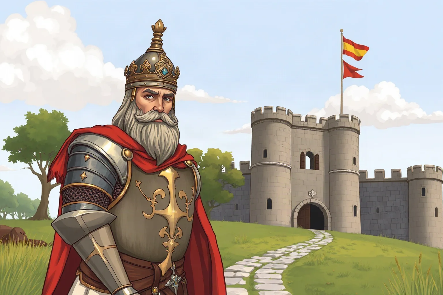 Early medieval Frankish king in a crown and armor standing before a stone fortress, illustrative historical style