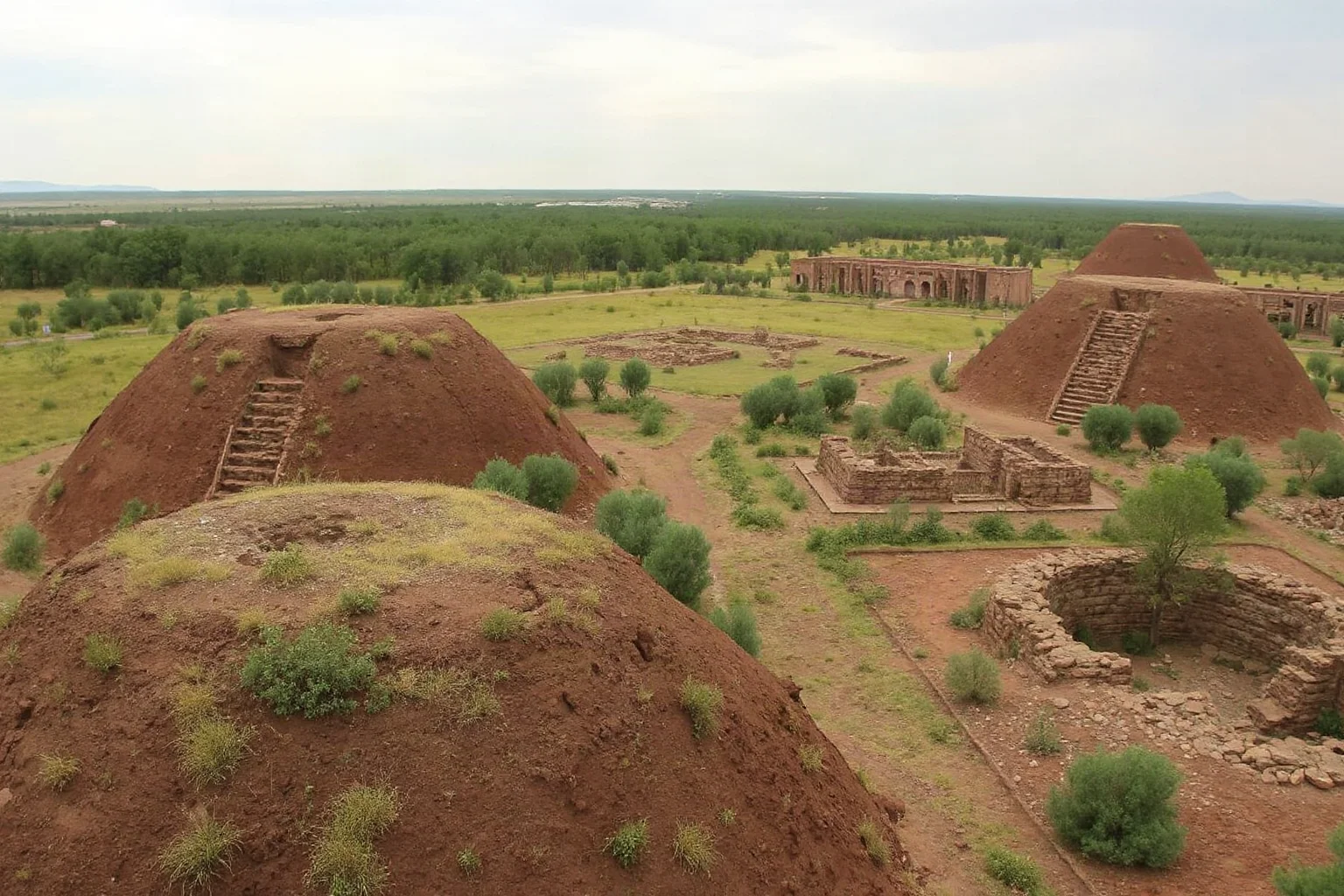 Earthen mounds and overgrown ruins of Xanadu Shangdu in Inner Mongolia with sparse vegetation among raised foundations