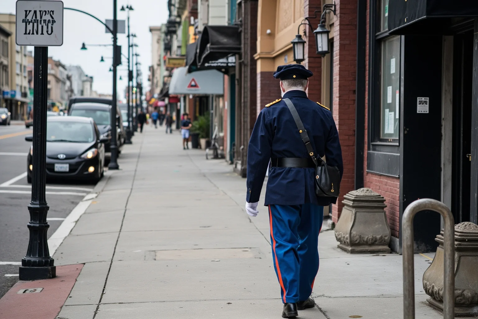 Eccentric 19th century man in blue military uniform with gold epaulettes walking San Francisco streets, inspecting sidewalks
