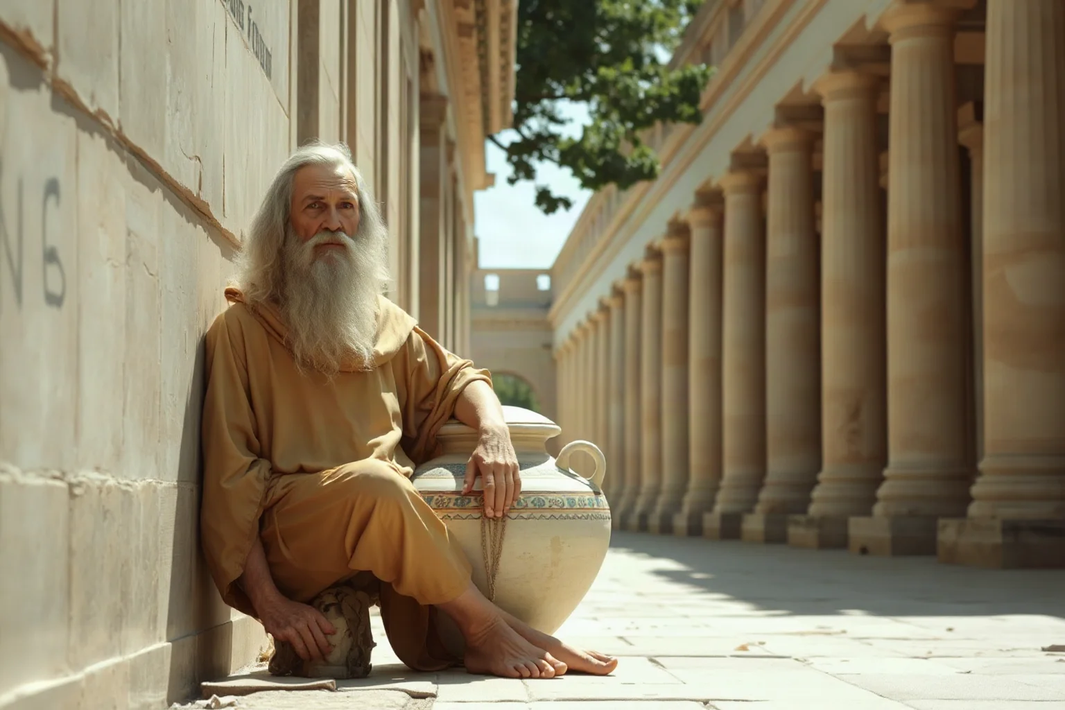 Eccentric ancient philosopher sitting beside a large ceramic jar in a sunlit Athenian street, minimalist robe