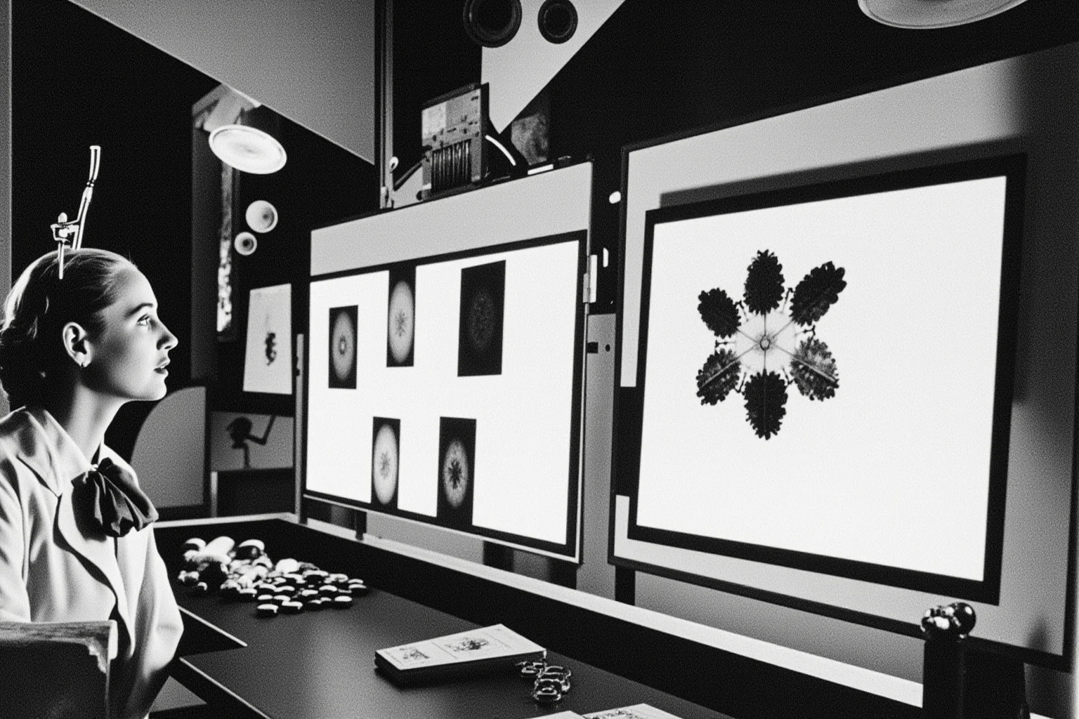 Editorial illustration of a 1950s female scientist in a laboratory examining X-ray diffraction photographs pinned to a lightboard, black and white crystallography imagery, documentary photojournalism style