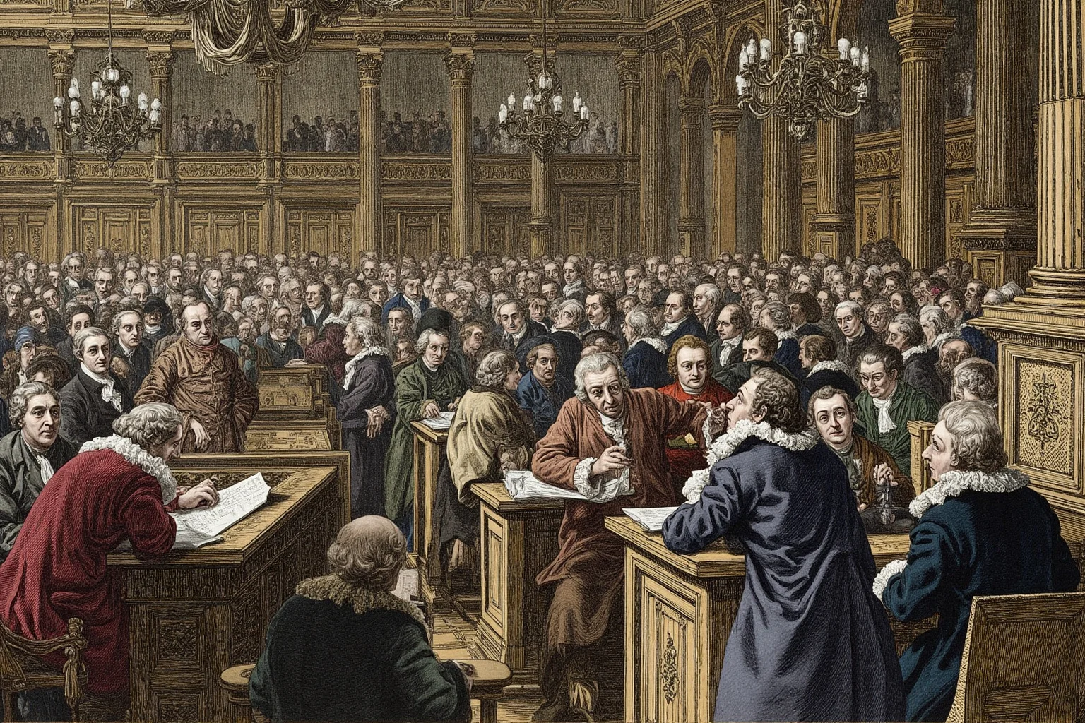 John Montagu, the Earl of Sandwich Who Popularized Our Favorite Lunch Food 6 Editorial illustration of a crowded 18th-century British Parliament chamber with wigged politicians mid-debate