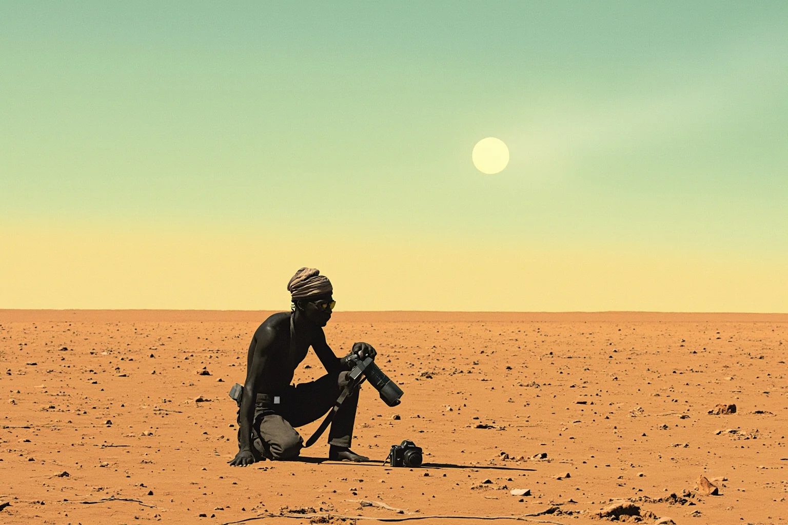 Editorial illustration of a photojournalist kneeling with a camera on a vast, dry, drought-stricken landscape under a harsh sun, Sudan 1993, somber documentary photojournalism style, no people other than the photographer