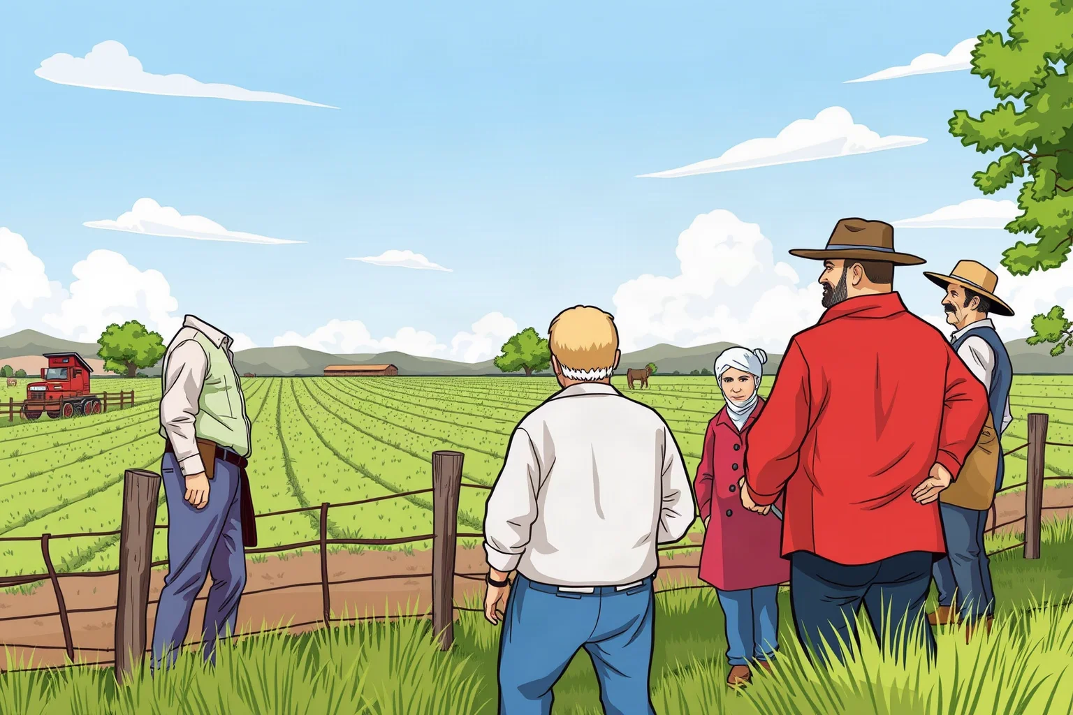 Editorial illustration of a rural land dispute, farmers and officials near a fenced field