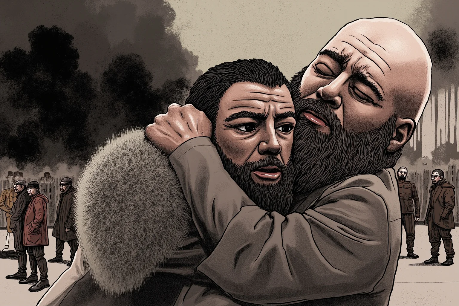Editorial illustration of a wounded figure being comforted amid urban unrest, smoke in the background, muted tones