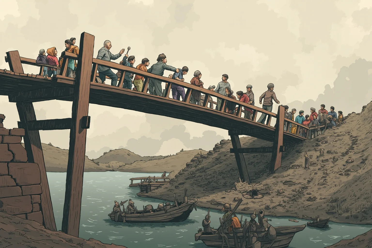 Editorial illustration of refugees crossing a partially destroyed bridge over a river, wartime chaos, muted color palette