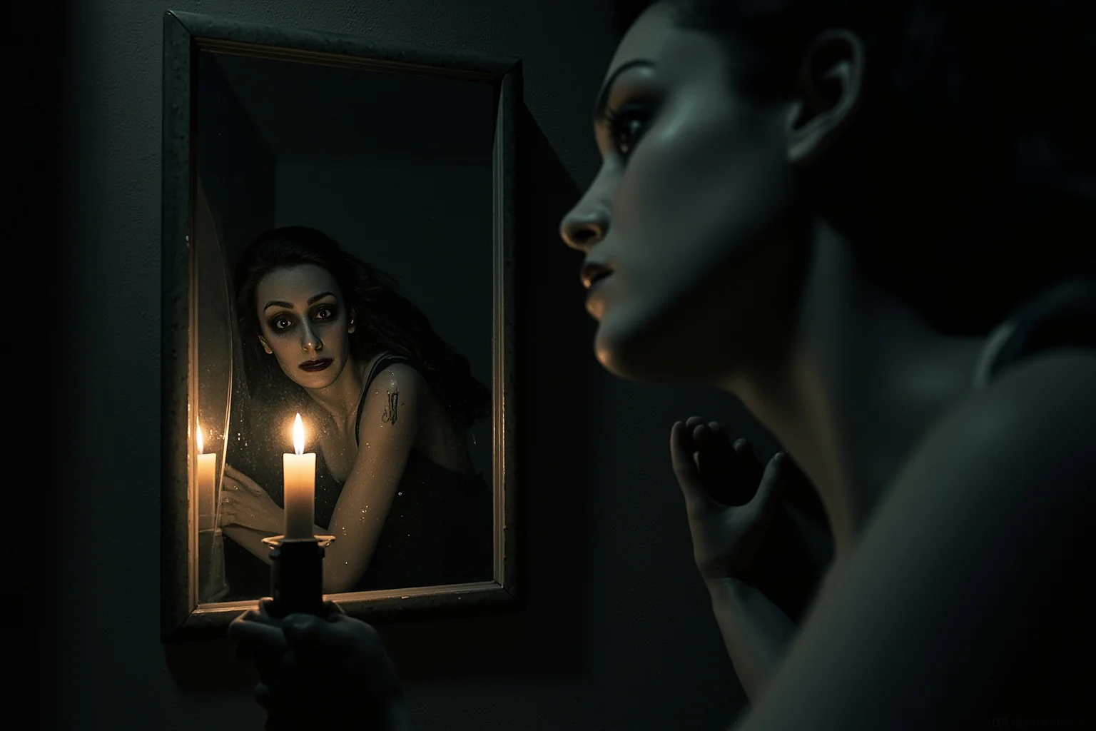 Eerie illustration of a candlelit bathroom mirror reflecting a faint ghostly female silhouette