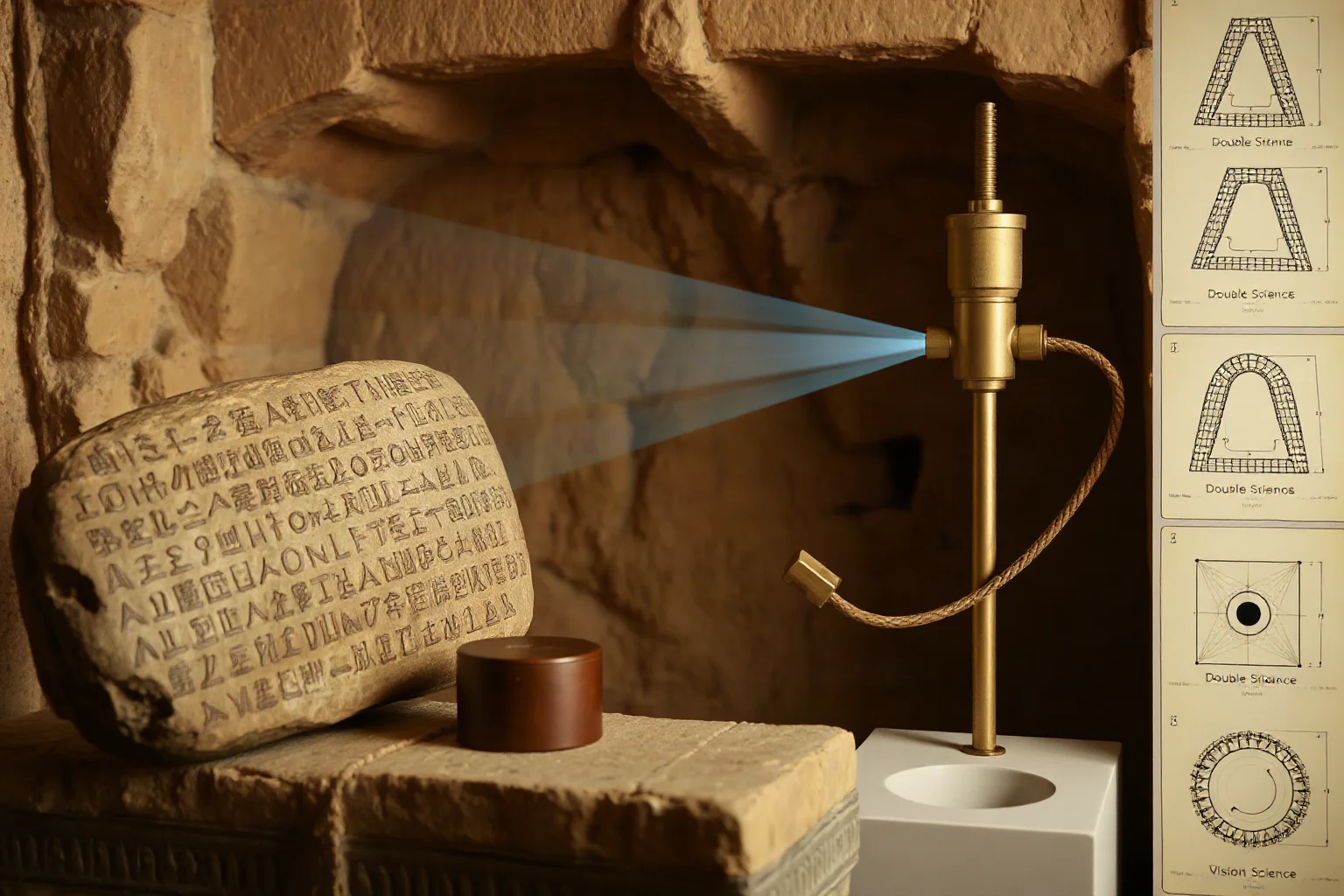 Egyptian archaeology scene with Rosetta Stone, wave experiment apparatus with double-slit setup, and vision science diagrams