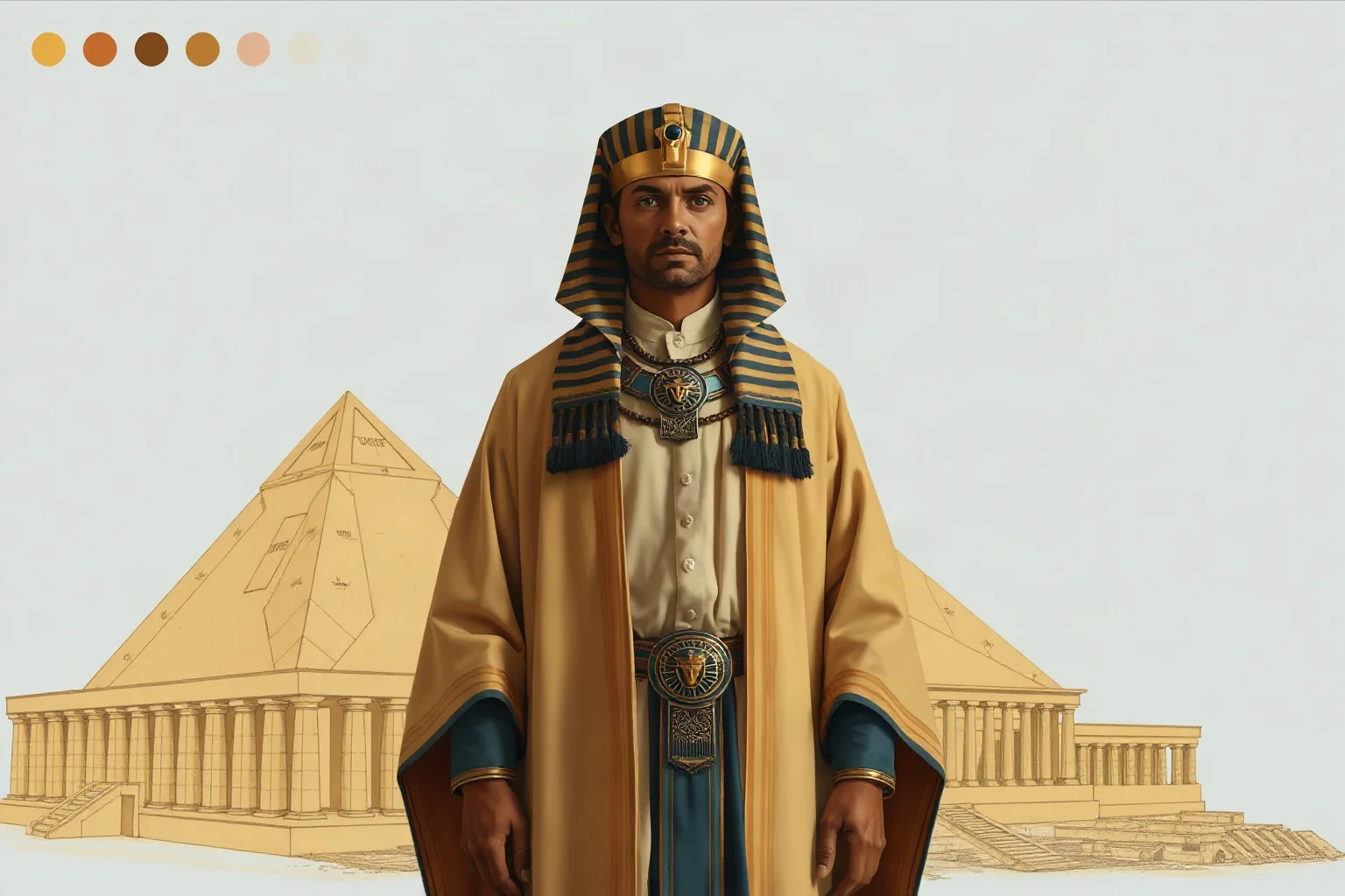 Egyptian official in formal robes standing beside architectural blueprints on papyrus